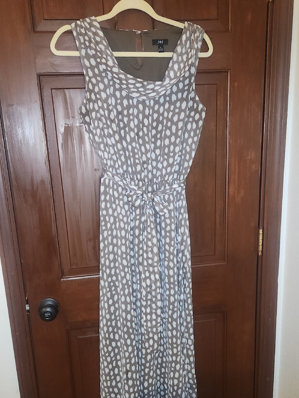 J.B.S. Taupe and White Sleeveless Printed Maxi Dress with Waist Tie